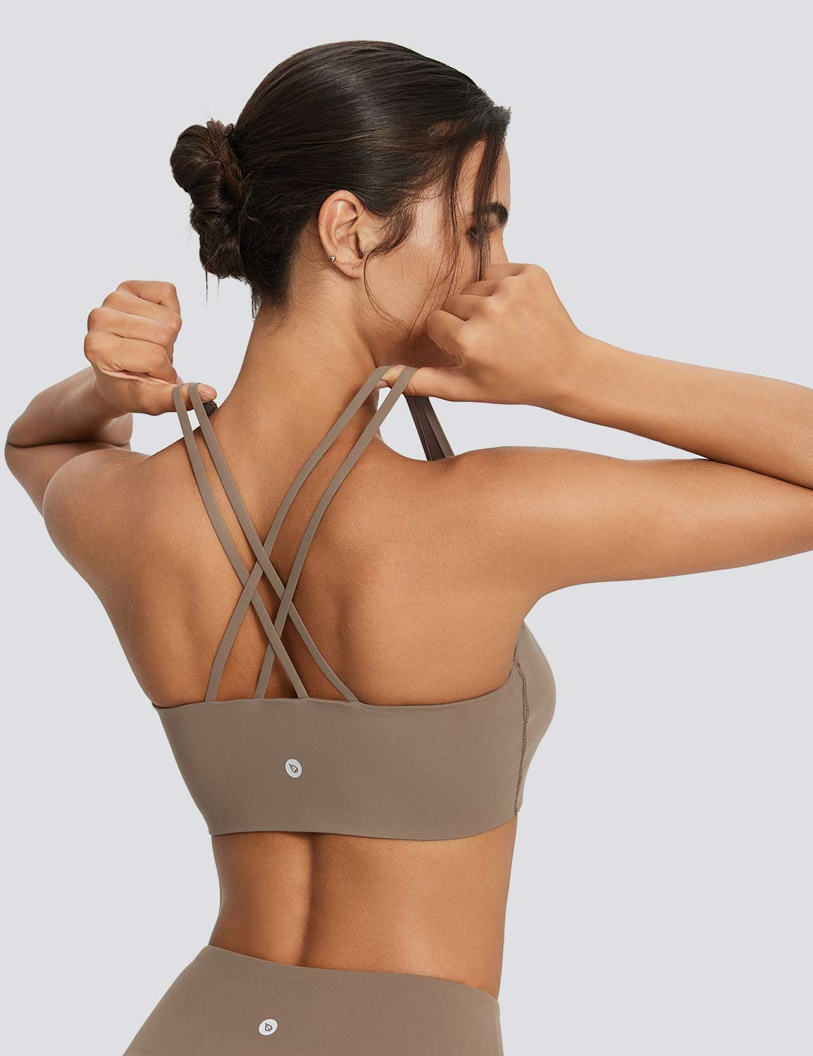 Baleaf Women's Spaghetti Strap Low Strength Bra Cocoa Crème Back