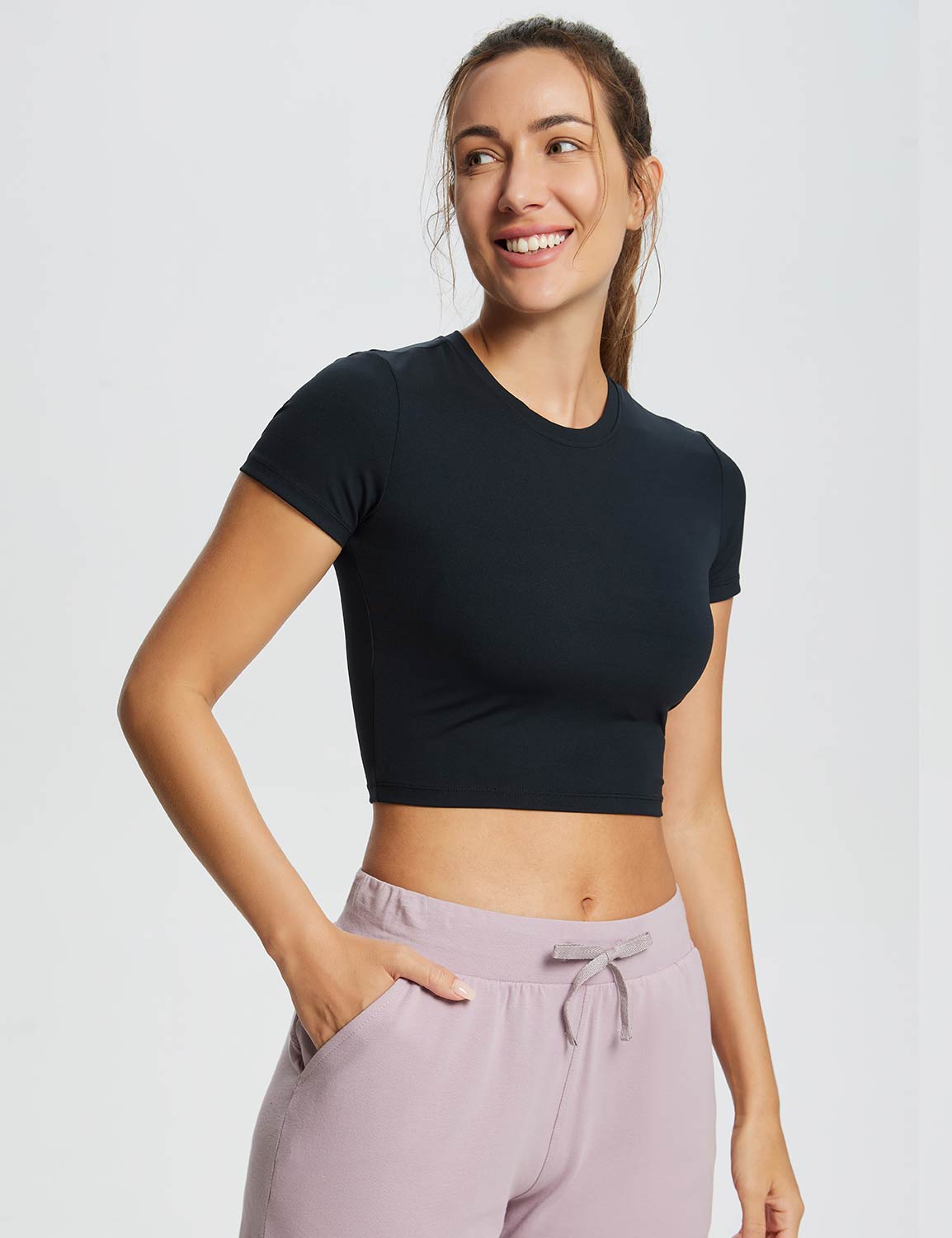 Baleaf Women's Flyleaf Crew Neck Crop Top (Website Exclusive) dbd043 Jet Black Side