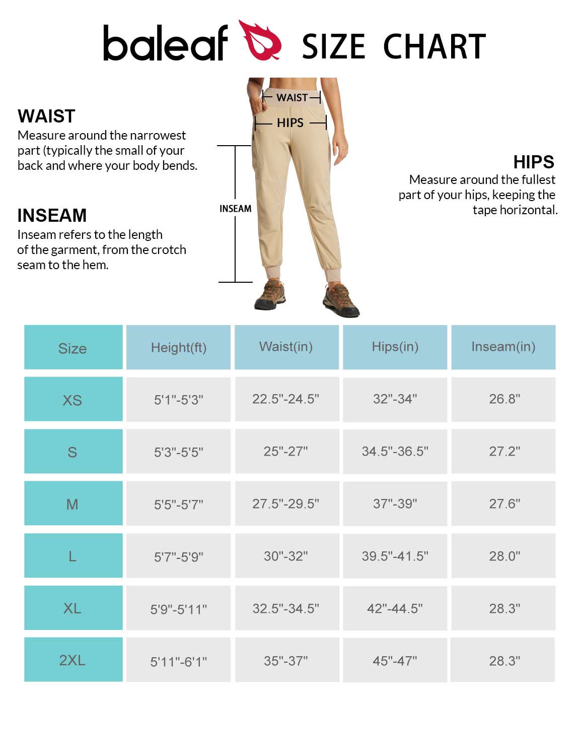 Baleaf Women's High-rise Fashion Hiking Cargo Joggers Size Chart